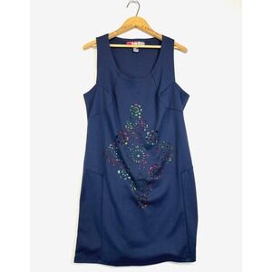 DESIGUAL Dress Womens XXL Navy Blue Mandalas Cutout Stretch Knit‎ Mini Pullover